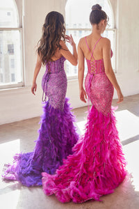 LaDivine CC2308 Enchanting Mermaid Prom Dress - A captivating mermaid silhouette dress with thin straps, v-neckline, glitter and bead embellishments on the sheer boned bodice, a tiered feathered skirt, and an open lace-up corset back.  Picture is the back view of Nova Purple and Azalea Pink.