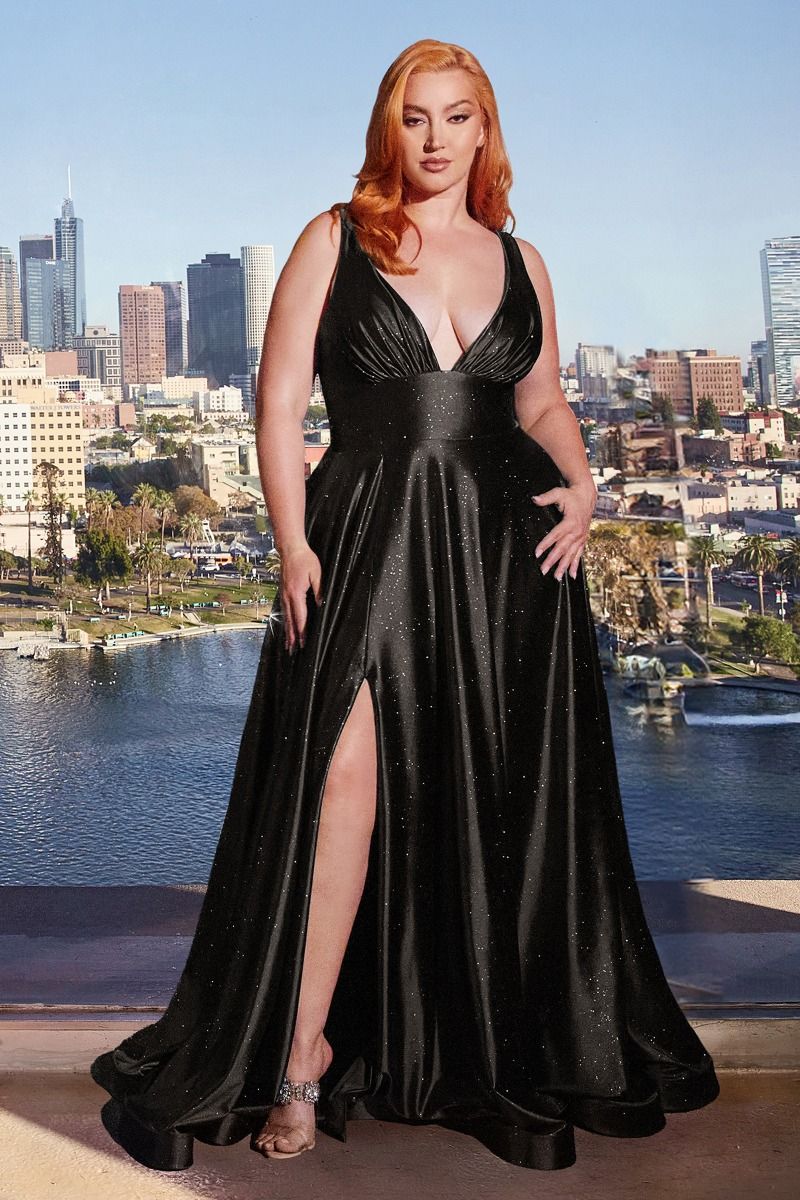 Ladivine - CC2349C - Glitter Stretch Satin A-Line Dress Black / 22 Ladivine - CC2349C - Glitter Stretch Satin A-Line Dress Black / 22