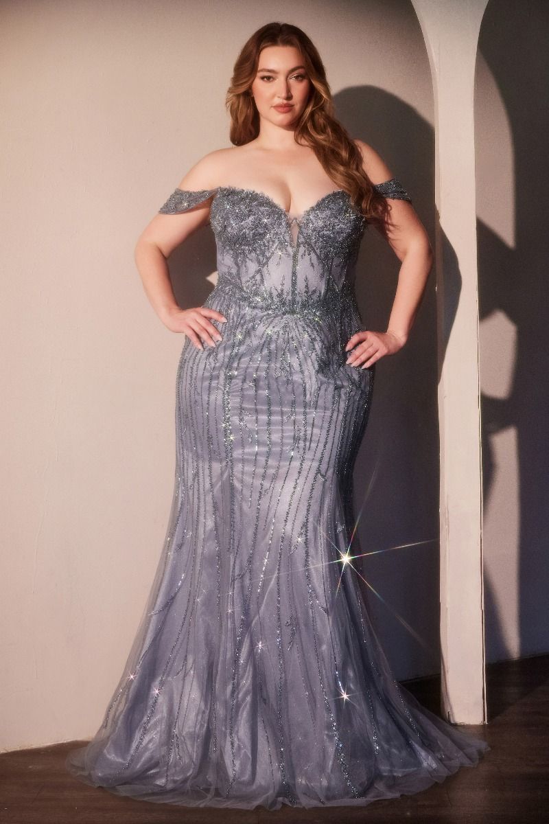 Ladivine CC341C plus size gown with off-the-shoulder neckline, floral beading, structured bodice and lace-up corset back.