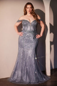 Ladivine CC341C plus size gown with off-the-shoulder neckline, floral beading, structured bodice and lace-up corset back.