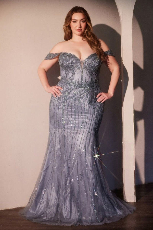 Ladivine CC341C plus size gown with off-the-shoulder neckline, floral beading, structured bodice and lace-up corset back.