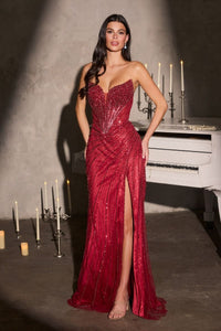 Ladivine - CC492 - Strapless Beaded Gown with Illusion Bodice and Slit