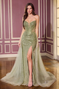 Ladivine - CC492 - Strapless Beaded Gown with Illusion Bodice and Slit