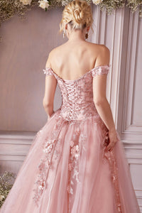 LaDivine CD0185 Quinceañera Dress - Off-the-shoulder A-line gown with sweetheart bodice, cap sleeves, and scattered floral appliques. Open lace-up corset back for added allure. Perfect for quinceañeras, Sweet 16 celebrations, and debutante balls.