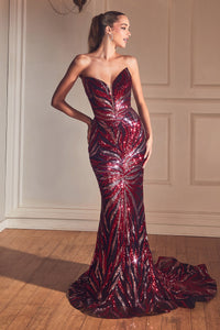 A captivating strapless sequin mermaid prom dress with a plunging v-neckline and intricate leaf motif. Perfect for prom or any formal occasion.