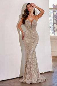 A dazzling strapless beaded prom dress with a plunging V-neckline and sheer side cutouts. Perfect for making a statement at prom or any formal occasion.