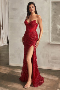  Ladivine CD0227 Strapless Beaded Evening Gown - A captivating gown featuring intricate beadwork, deep plunging neckline, side waist illusion cutouts, leg slit, and lace-up corset back for a glamorous and alluring look.