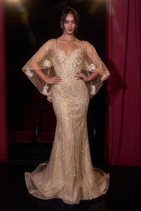 Ladivine CD637 embellished corset gown with sweetheart neckline, intricate crystal beadwork, floral detailing and flowing cape-style sleeves.