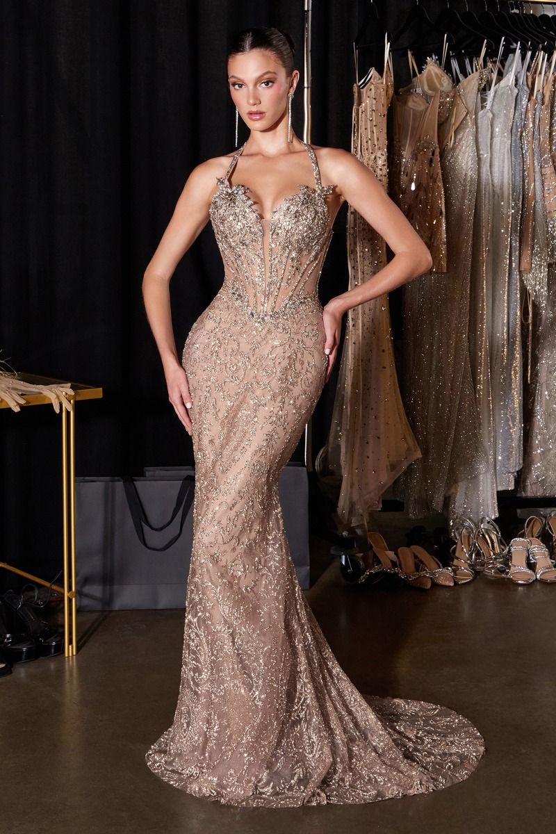 Ladivine - CD695 - Fully Beaded Halter Corset Gown