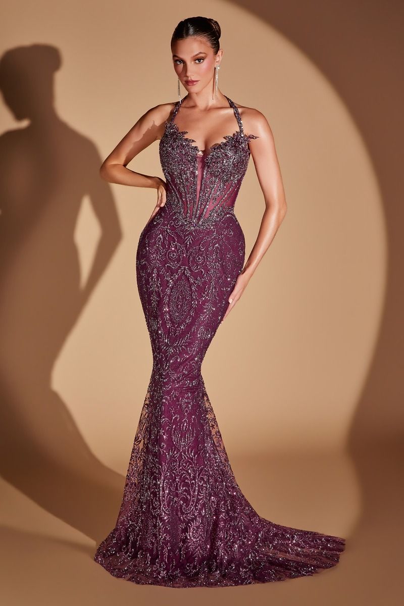 Ladivine - CD695 - Fully Beaded Halter Corset Gown