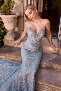 Model wearing Ladivine CD713 strapless beaded corset gown featuring floral embroidery and a graceful sweep train.