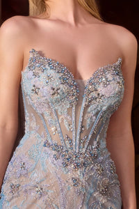 Model wearing Ladivine CD713 strapless beaded corset gown featuring floral embroidery and a graceful sweep train.