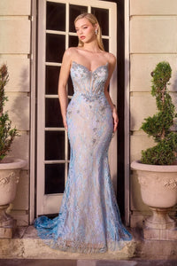 Model wearing Ladivine CD713 strapless beaded corset gown featuring floral embroidery and a graceful sweep train.