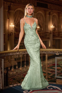 Ladivine - CD719 - Beaded V-Neck Choker Gown