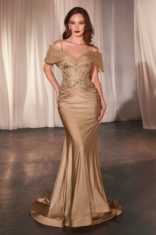 Ladivine CD798 (Color Gold) Fitted Satin & Lace Gown - Elegant formal evening gown with off-the-shoulder accessory, satin, and lace detailing. 