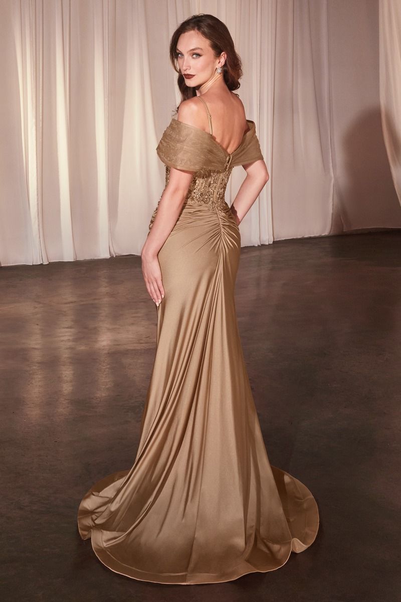 Ladivine - CD798 - Fitted Satin & Lace Gown with Off-the-Shoulder Acce Madeline's Boutique Boca Raton Ladivine - CD798 - Fitted Satin & Lace Gown with Off-the-Shoulder Acce Madeline's Boutique Boca Raton