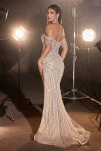 LaDivine CD848 Off the Shoulder Gown with Rhinestone Fringe and Crystal Beaded Motif - A mesmerizing gown featuring an off-the-shoulder neckline, rhinestone fringe, sheer corset bodice, and crystal beaded motif, perfect for formal evenings and prom nights.