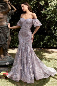 LaDivine CD959 Enchanting Lace Off-the-Shoulder Mermaid Gown, featuring a fitted silhouette, off-the-shoulder neckline, puff sleeves, and intricate lace detailing from head to toe. Perfect for elegant evening occasions.  This is a front view of the dress in color Violet.