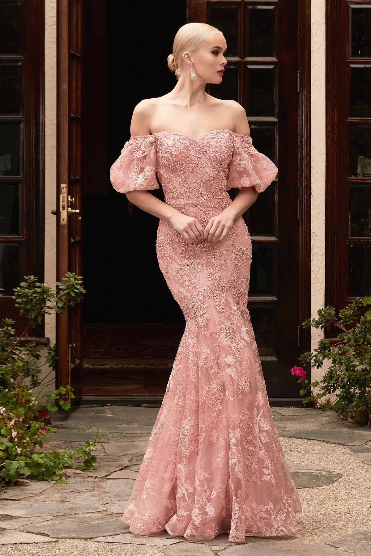 LaDivine CD959 Enchanting Lace Off-the-Shoulder Mermaid Gown, featuring a fitted silhouette, off-the-shoulder neckline, puff sleeves, and intricate lace detailing from head to toe. Perfect for elegant evening occasions.  This is a front view of the dress in color dusty rose..