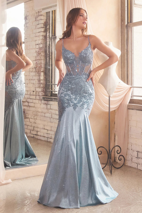 Ladivine CDS470 Glitter & Lace Fit and Flare Evening/Prom Gown - A stunning gown featuring a fitted silhouette, glitter & lace combination, sheer boned corset bodice, sheer mesh side hip cut-out embellished with lace applique, for sophistication and glamour.