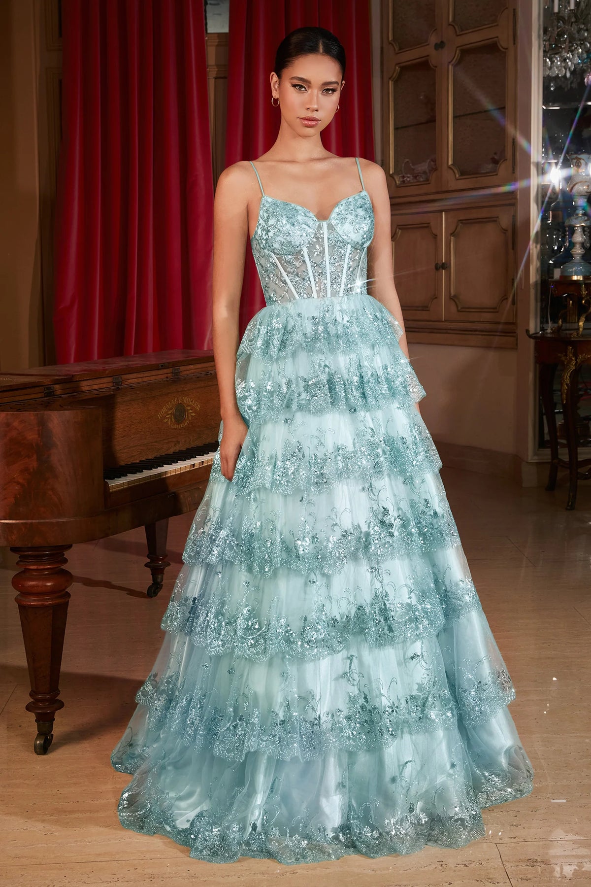LaDivine KV1108: A-line Gown with Scalloped Sequin Ruffles Madeline's Boutique Boca Raton LaDivine KV1108: A-line Gown with Scalloped Sequin Ruffles Madeline's Boutique Boca Raton