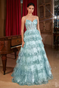 LaDivine KV1108 - An enchanting A-line ball gown with a scalloped sequin ruffled skirt, sheer bodice adorned with shimmering lace appliqué, and a flattering v-neckline for a captivating and glamorous look at prom.