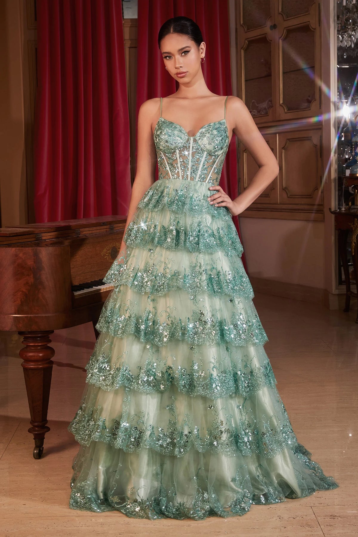 LaDivine KV1108: A-line Gown with Scalloped Sequin Ruffles Madeline's Boutique Boca Raton LaDivine KV1108: A-line Gown with Scalloped Sequin Ruffles Madeline's Boutique Boca Raton