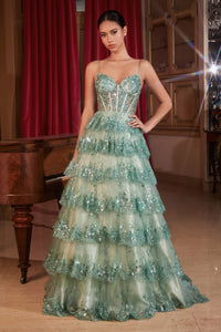 LaDivine KV1108 - An enchanting A-line ball gown with a scalloped sequin ruffled skirt, sheer bodice adorned with shimmering lace appliqué, and a flattering v-neckline for a captivating and glamorous look at prom.