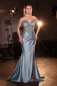 Model wearing Ladivine KV1132 gown featuring a sweetheart neckline, beaded corset bodice, and pleated satin bust with side slit.