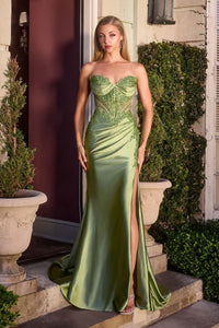 Model wearing Ladivine KV1132 gown featuring a sweetheart neckline, beaded corset bodice, and pleated satin bust with side slit.
