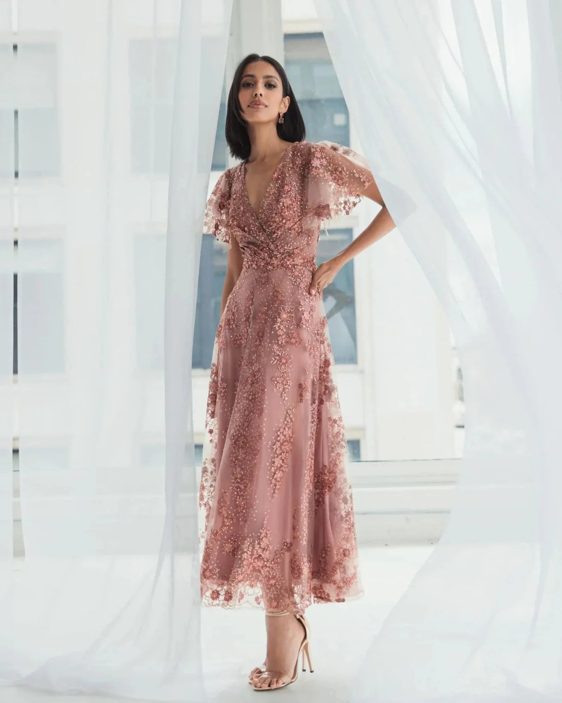 mac duggal flutter-sleeve v-neck maxi dress Gold V Neck Flutter Sleeve Embroidered Lace Gown