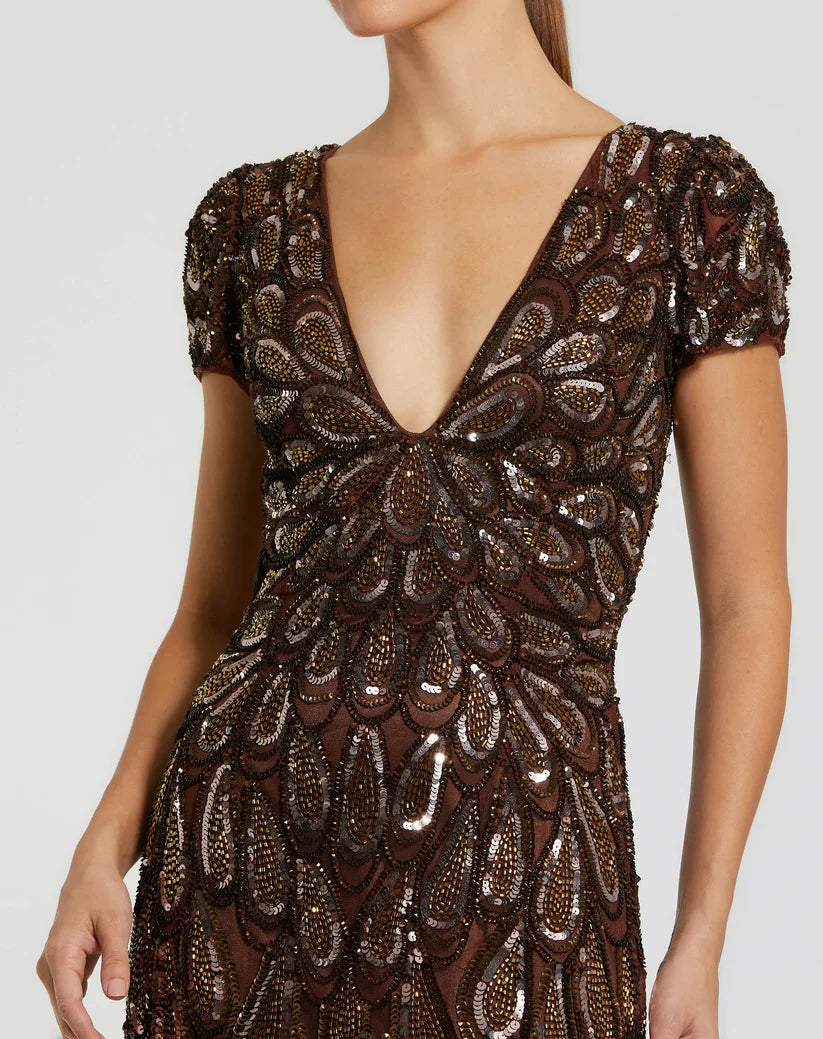 Mac Duggal - Brown Hand Embellished V Neck Cap Sleeve Column Gown - Chocolate / US 6 Mac Duggal - Brown Hand Embellished V Neck Cap Sleeve Column Gown - Chocolate / US 6