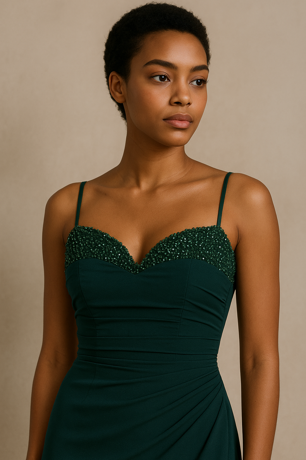 Model wearing the Madeline’s Bella gown with beaded bodice, spaghetti straps, and ruched fitted skirt in navy and emerald green.