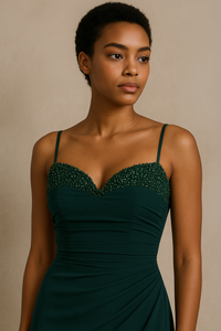 Model wearing the Madeline’s Bella gown with beaded bodice, spaghetti straps, and ruched fitted skirt in navy and emerald green.