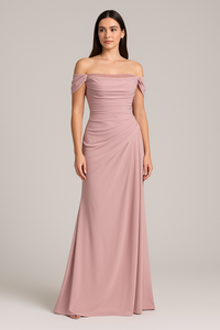 Model wearing Madeline’s Catherine off-shoulder beaded gown with ruched bodice and floor-length skirt.  The model is wearing the color Pink.  Front view.