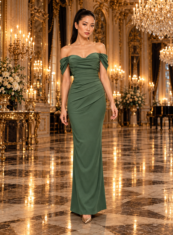 A woman models a floor-length off-the-shoulder basil green gown in an ornate, luxurious hall with gold chandeliers and marble floors.