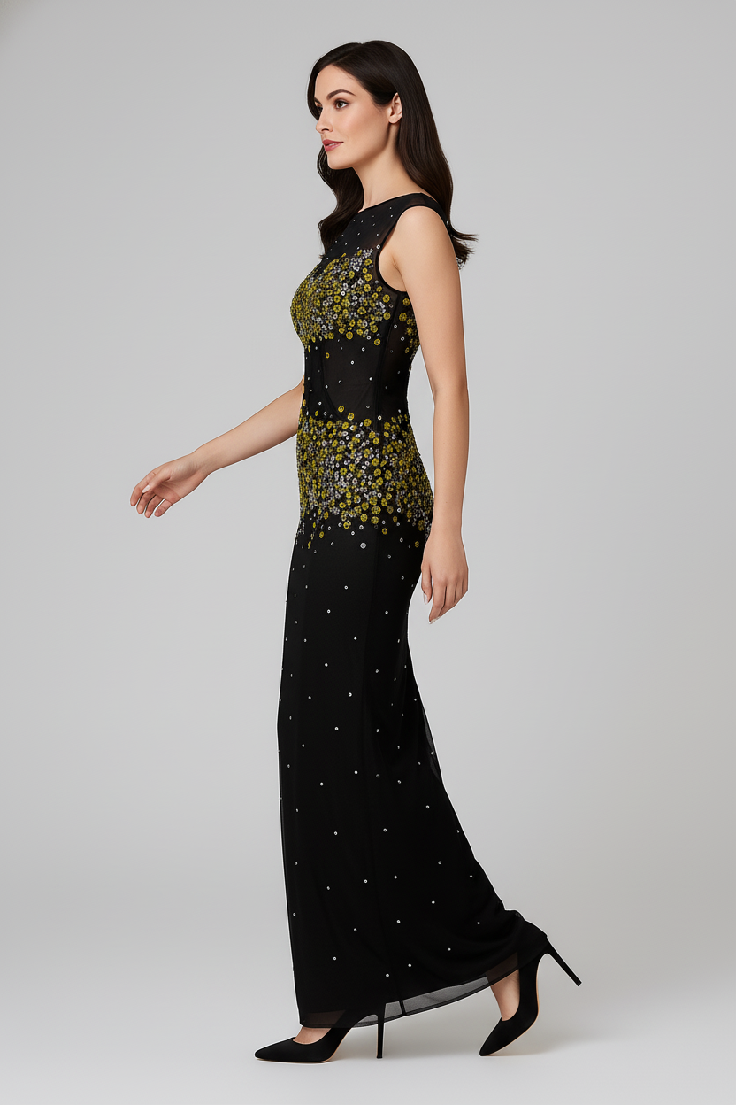 Model wearing the Mandalay C802112DEBL gown featuring an illusion neckline, intricate embellishments, and a fitted evening silhouette.