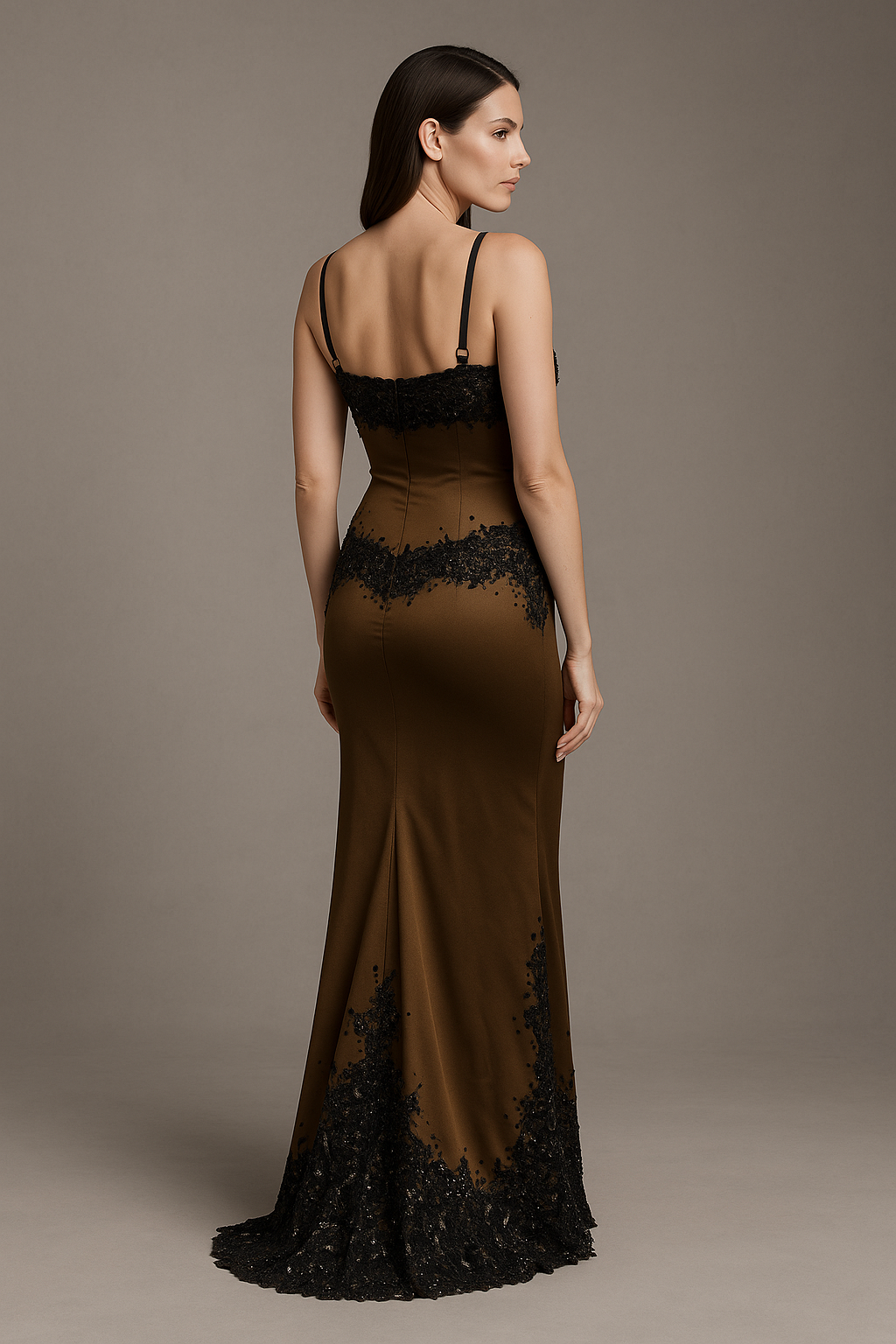 Model wearing Mandalay U01952DEBL embellished fit and flare gown with slim straps, detailed bodice, and floor-length hemline.