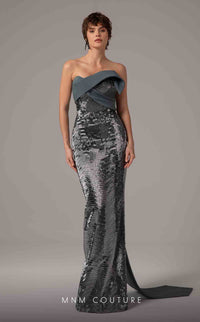 Model wearing the MNM Couture E0087 one-shoulder fitted evening gown with draped bodice and sequin detailing, shown in front and back views.