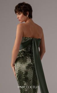 Model wearing the MNM Couture E0087 one-shoulder fitted evening gown with draped bodice and sequin detailing, shown in front and back views.