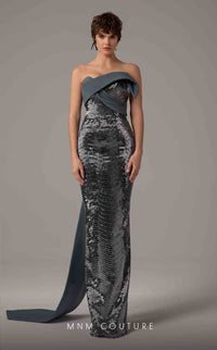 Model wearing the MNM Couture E0087 one-shoulder fitted evening gown with draped bodice and sequin detailing, shown in front and back views.