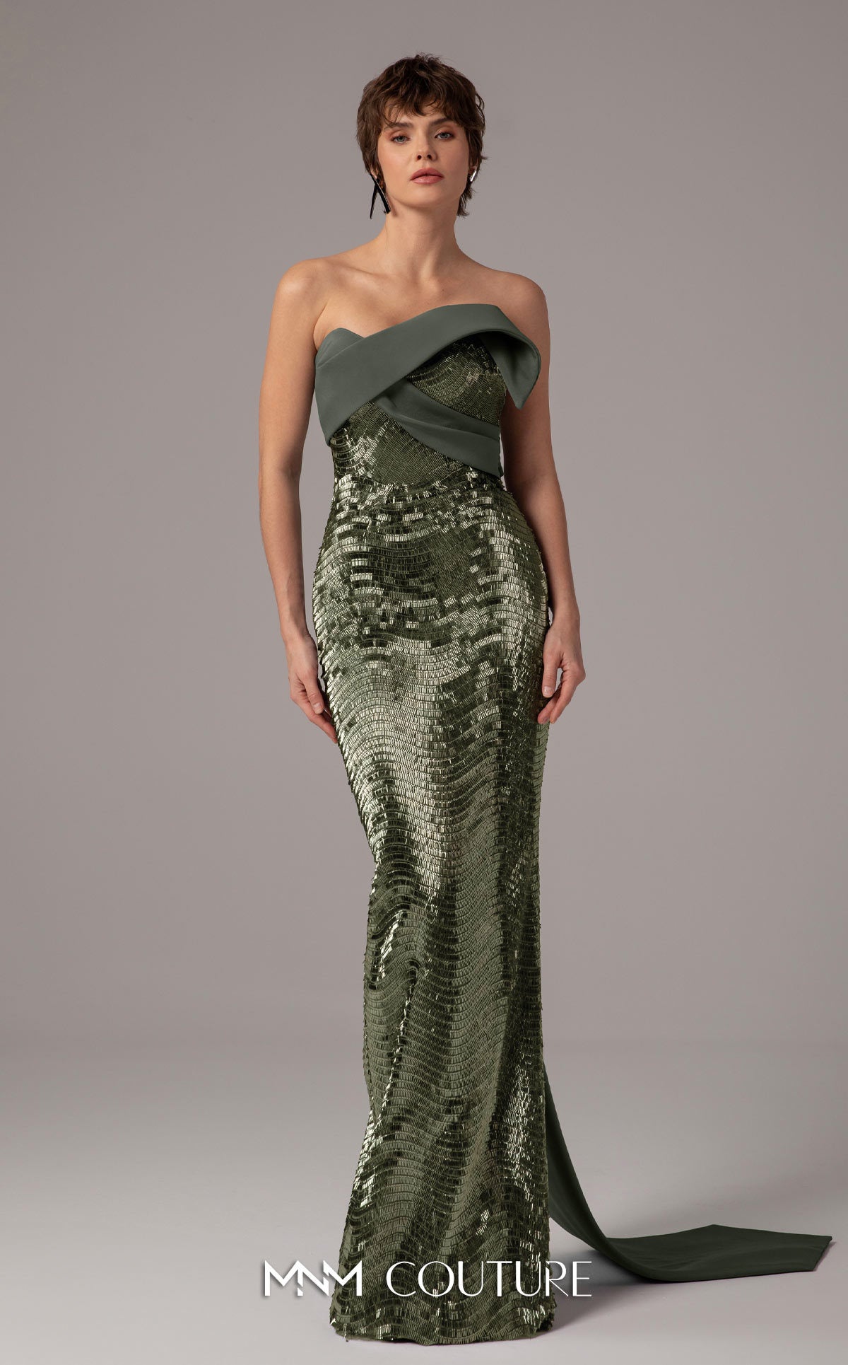 Model wearing the MNM Couture E0087 one-shoulder fitted evening gown with draped bodice and sequin detailing, shown in front and back views.