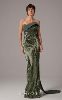 Model wearing the MNM Couture E0087 one-shoulder fitted evening gown with draped bodice and sequin detailing, shown in front and back views.