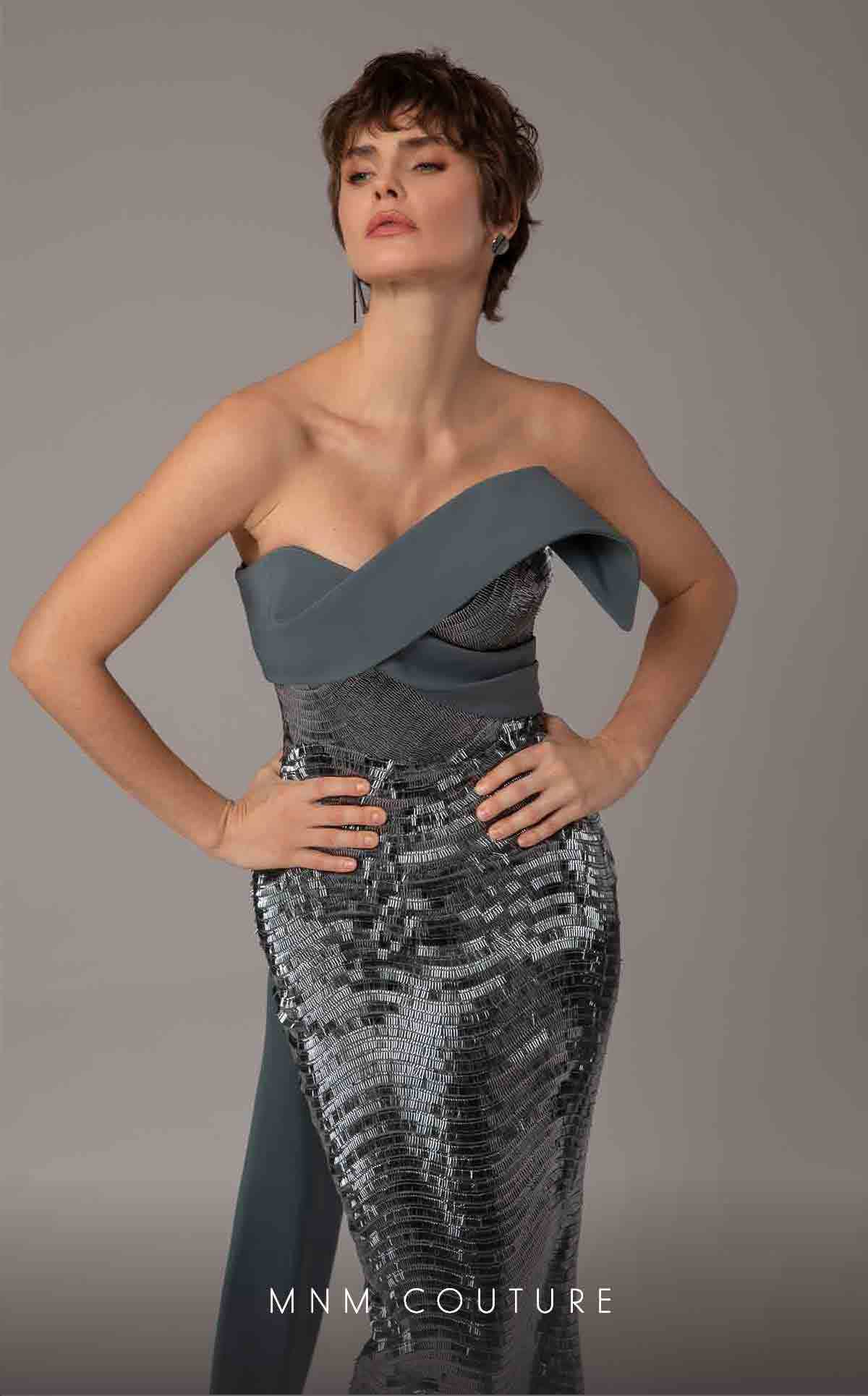 Model wearing the MNM Couture E0087 one-shoulder fitted evening gown with draped bodice and sequin detailing, shown in front and back views.