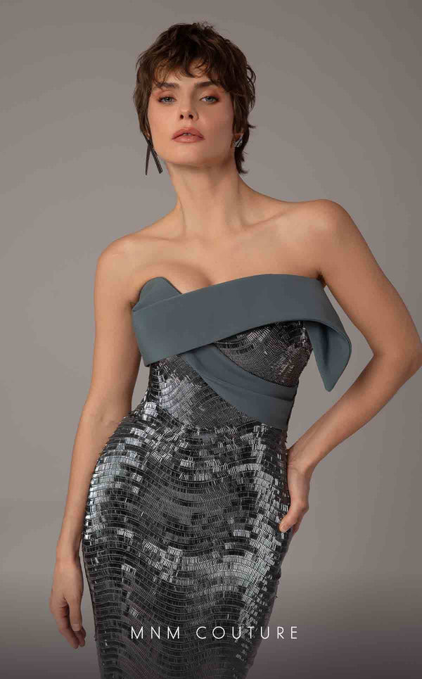 Model wearing the MNM Couture E0087 one-shoulder fitted evening gown with draped bodice and sequin detailing, shown in front and back views.