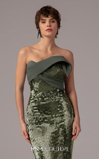 Model wearing the MNM Couture E0087 one-shoulder fitted evening gown with draped bodice and sequin detailing, shown in front and back views.
