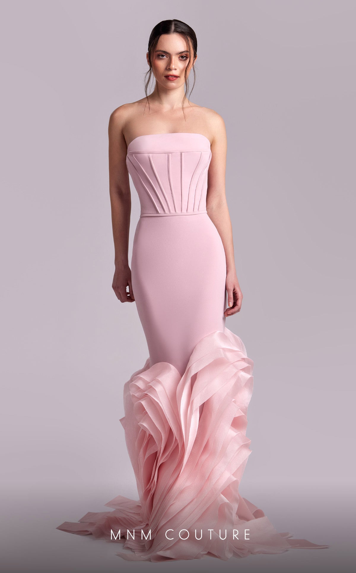 MNM Couture - G1825 - Crepe Gown with Organza Flourish Hem Madeline's Boutique Boca Raton MNM Couture - G1825 - Crepe Gown with Organza Flourish Hem Madeline's Boutique Boca Raton