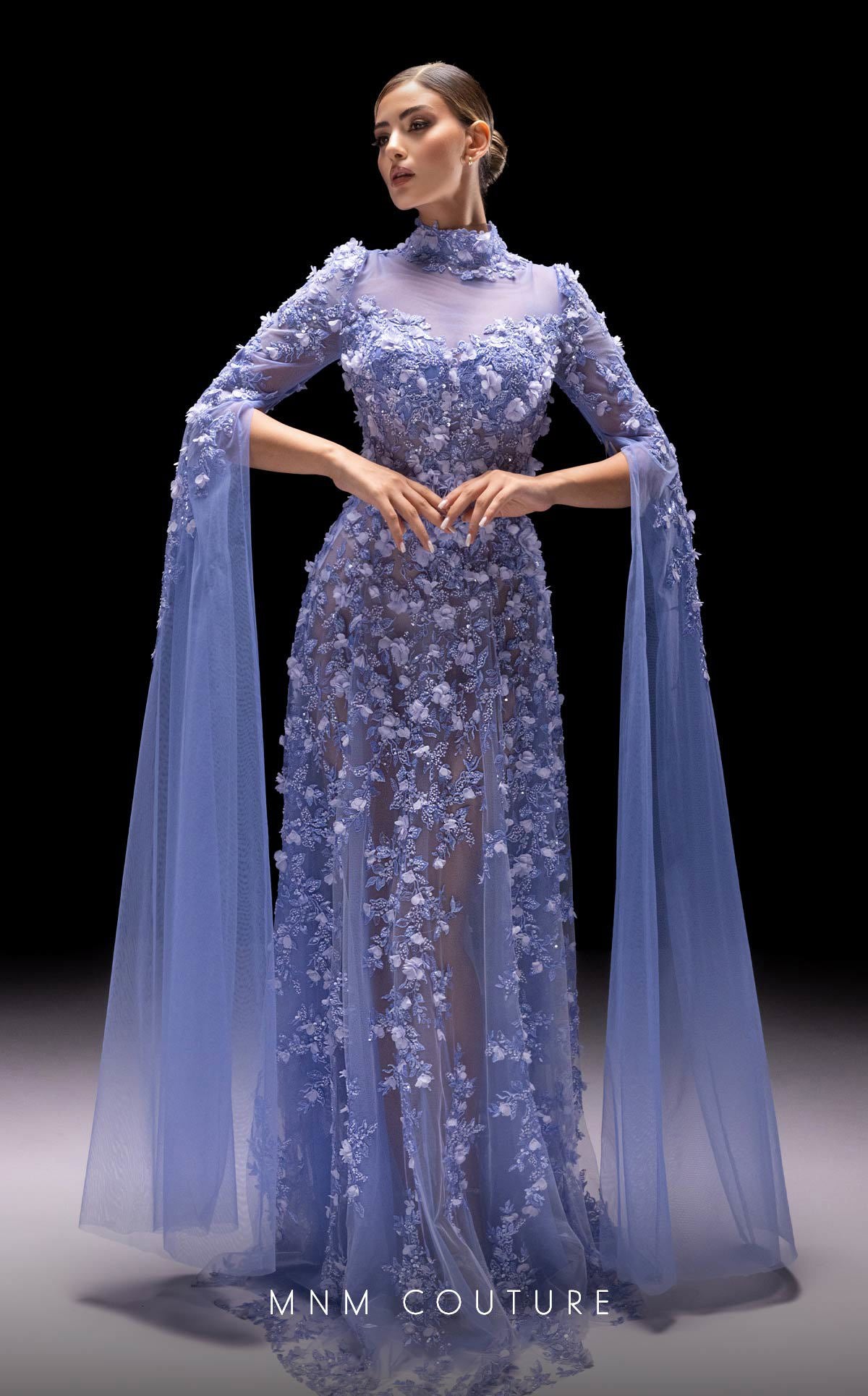 MNM COUTURE - K4236 - Embroidered Sheer Cape Sleeve Gown MNM COUTURE - K4236 - Embroidered Sheer Cape Sleeve Gown