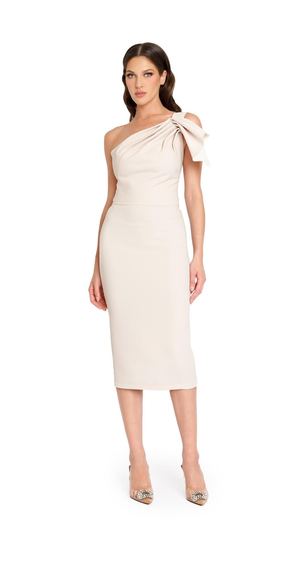 Nicole Bakti 7264 One Shoulder Fluted Sleeve Cocktail Dress - An elegant cocktail dress featuring a one-shoulder design, fluted sleeve, center-back slit, and tea-length silhouette for timeless sophistication.
