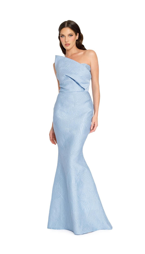 Nicole Bakti 7279 Strapless Asymmetrical Bodice Evening Dress - A stunning evening dress featuring a strapless design, pleated asymmetrical diagonal bodice, fitted silhouette, and luxurious jacquard material for sophisticated elegance.